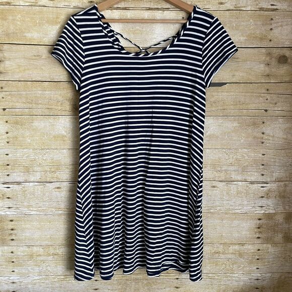 Socialite Blue & White Striped Criss Cross Back Dress - Size Medium - Mini Dress - Picture 2 of 7